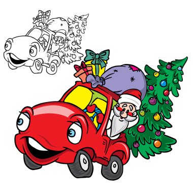 Santa Claus in a car with Christmas tree